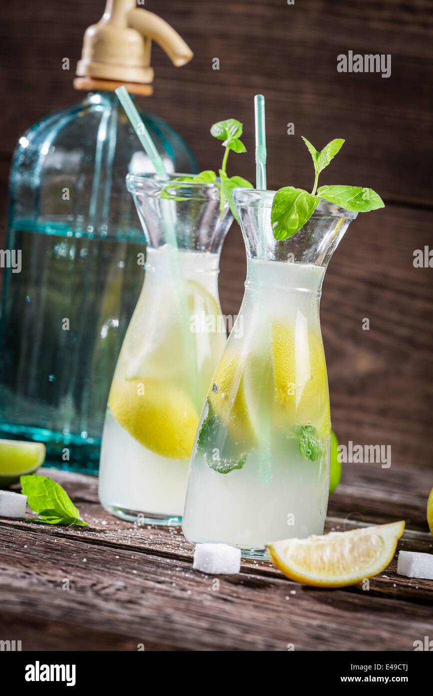Zitrone trinken mit Minze und Zitrusfrüchten Stockfoto