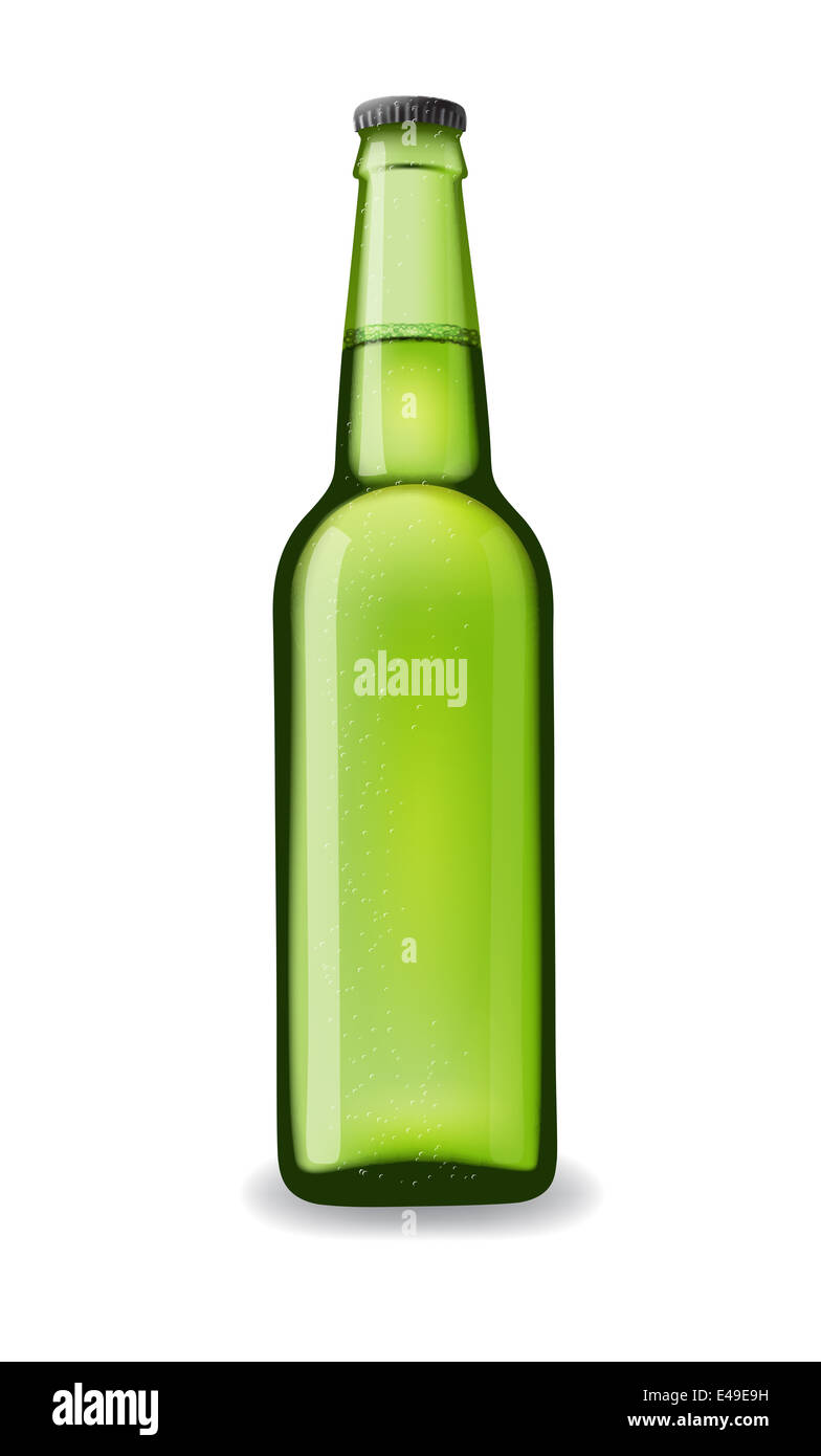 grüne Bierflasche mit Reflexion isoliert. Gerasterte Kopie Stockfoto