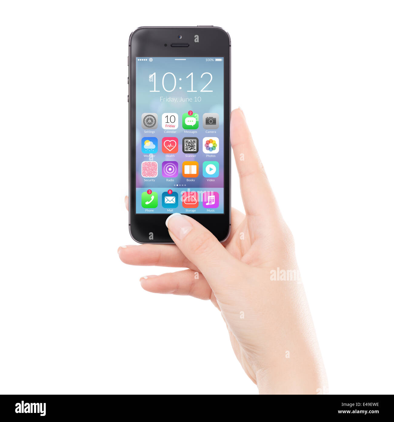 Weibliche Hand hält schwarz moderne mobile Smartphone durch flache Bauform bunte Applikations-Icons auf dem Bildschirm. Stockfoto