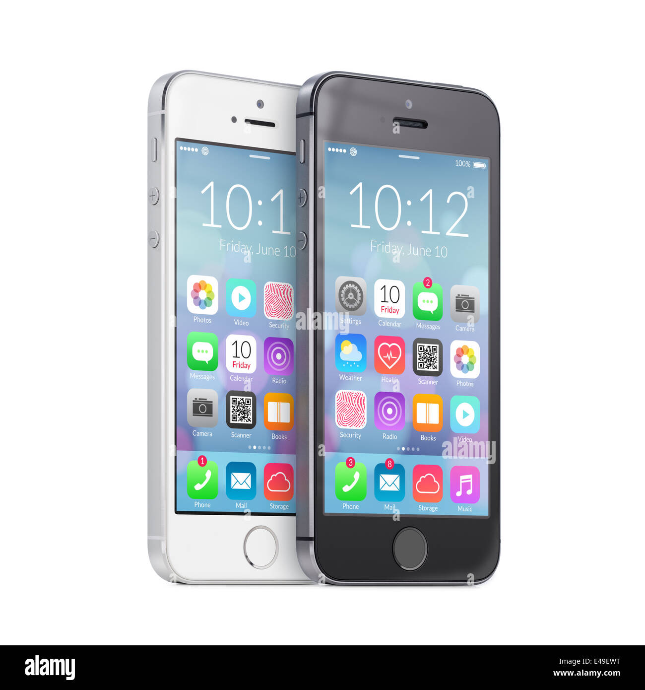 Schwarz / weiß-Smartphones mit bunten flaches Design-Applikations-Icons auf dem Bildschirm sind nah an einander in Hälfte drehen. Stockfoto