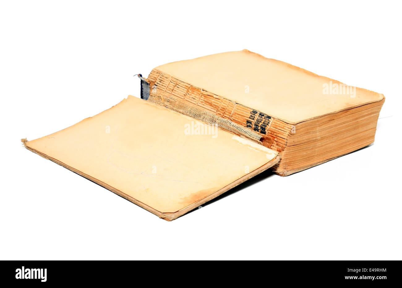 Openning Aging Buch auf weißem Hintergrund Stockfoto