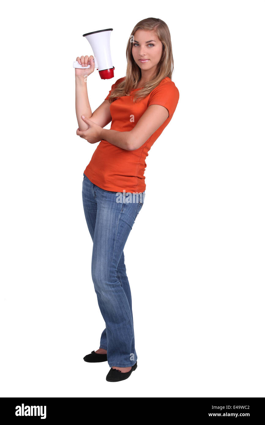 Blonde Mädchen mit Lautsprecher Stockfoto