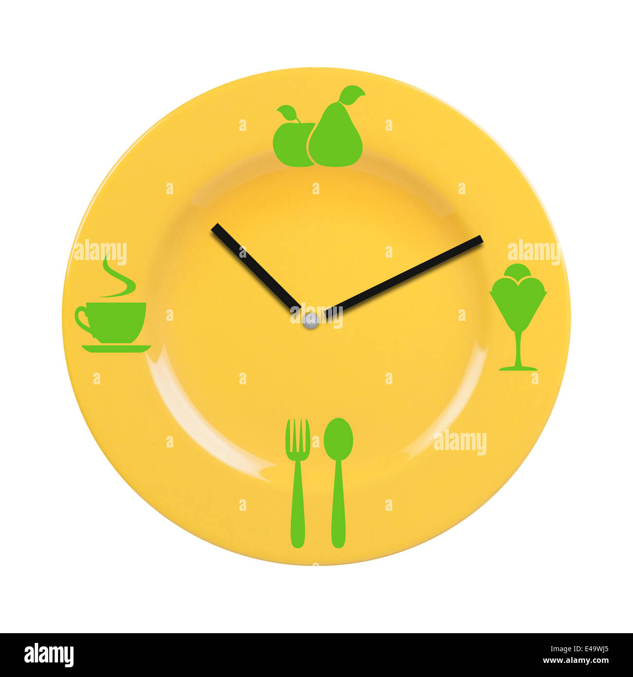 Platte mit einem Zifferblatt und Essen Icons. Stockfoto