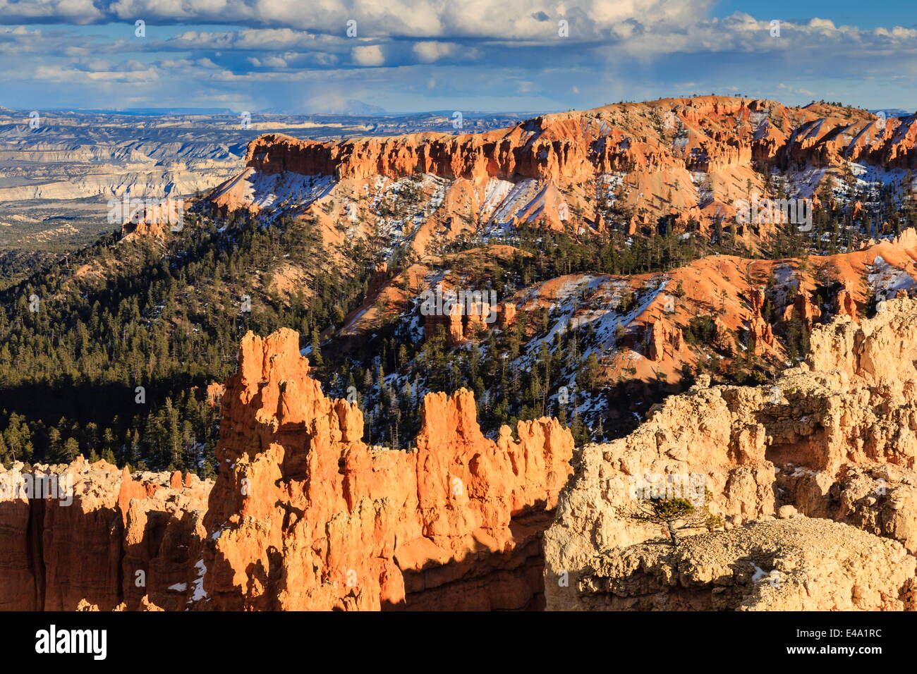 Späte Nachmittagssonne leuchtet Hoodoos und Felsen durch einen bewölkten Himmel im Winter Sunset Point, Bryce-Canyon-Nationalpark, Utah, USA Stockfoto