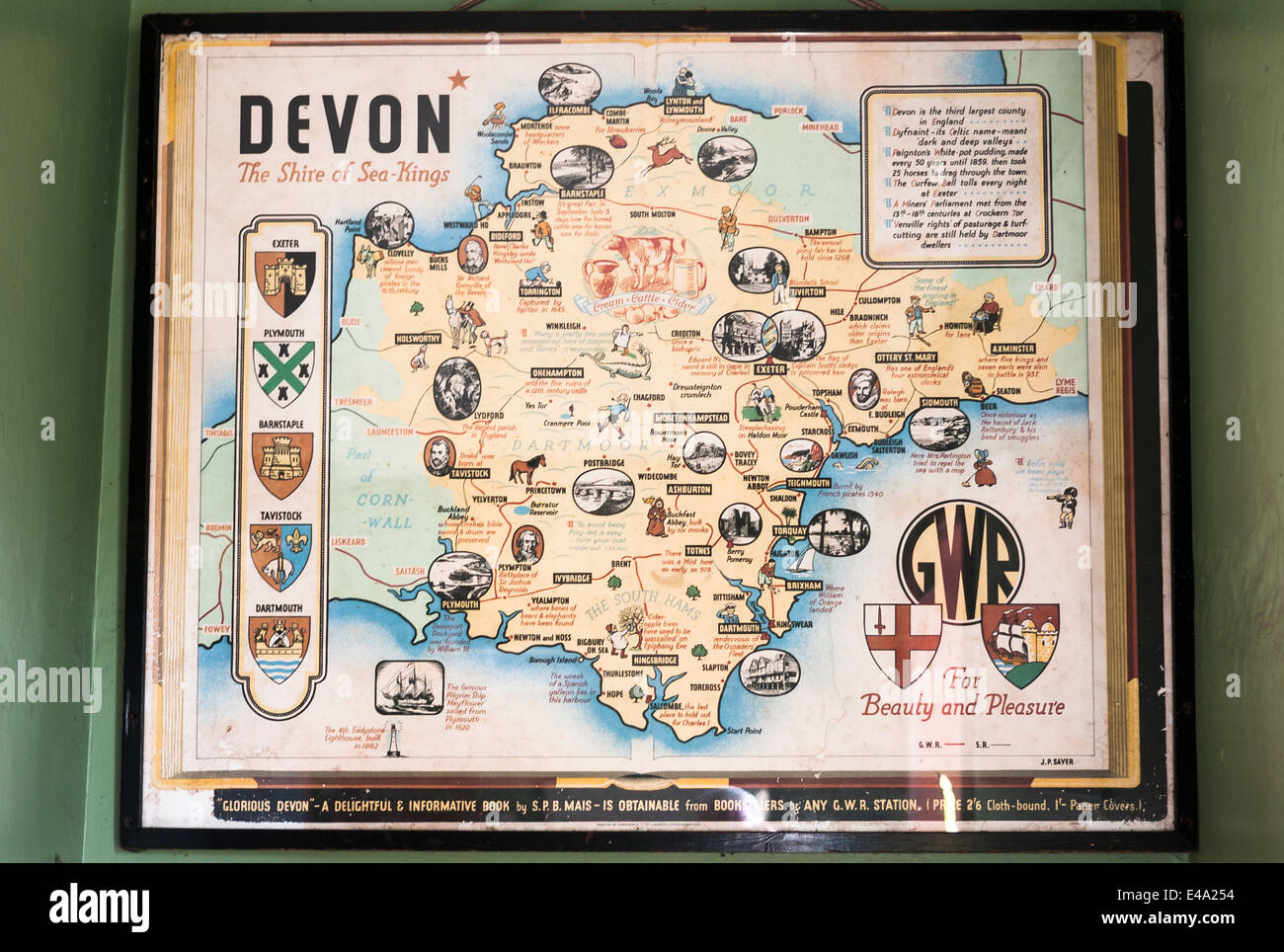 Historische Karte zeigt Sehenswürdigkeiten für Bahn-Reisende zu Devon UK Stockfoto