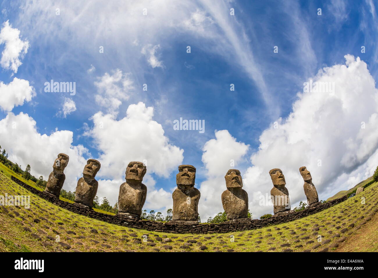 Sieben Moais am Ahu Akivi, der erste restaurierte Altar, Nationalpark Rapa Nui, UNESCO, Ostern Insel (Isla de Pascua), Chile Stockfoto