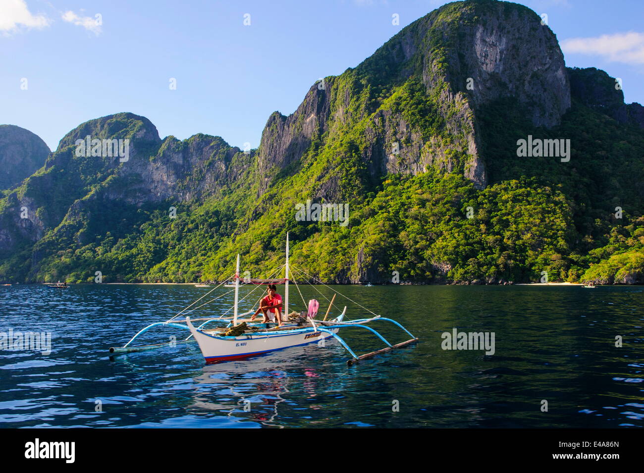 Auslegerboot im Bacuit Archipel, Palawan, Philippinen, Südostasien, Asien Stockfoto