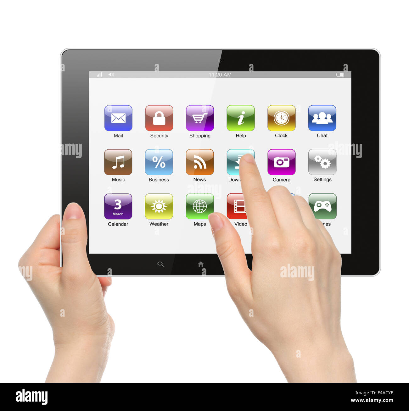 Frau Hände halten und berühren Symbol auf Tablet-PC auf weißem Hintergrund Stockfoto