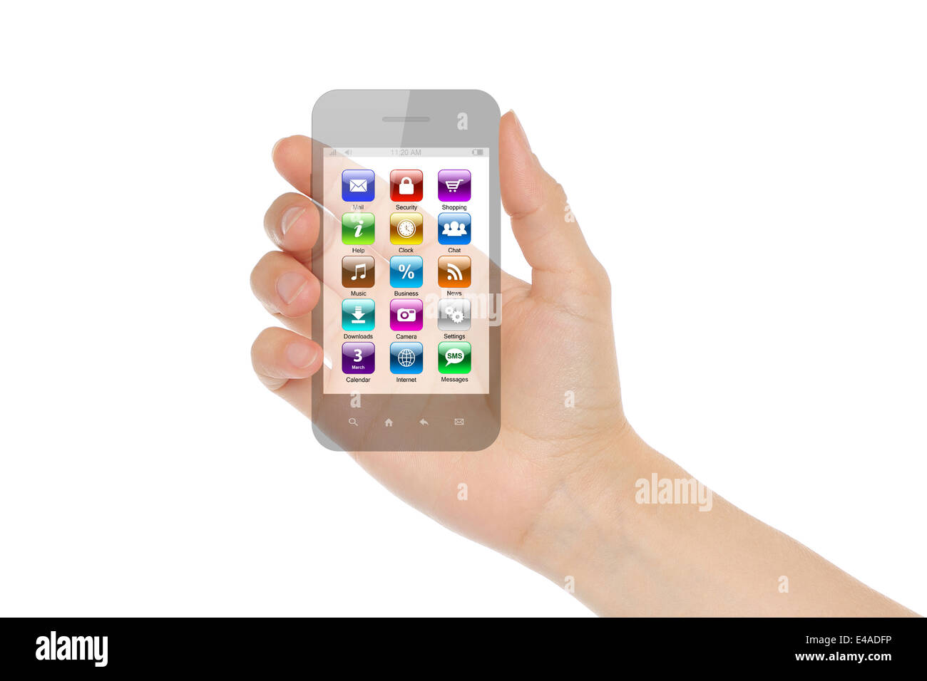 Frau Hand hält transparent smart phone mit Symbolen auf weißem Hintergrund Stockfoto