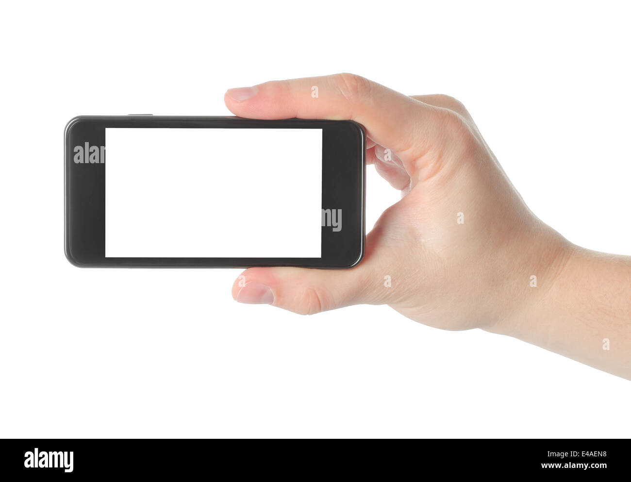 Mann Hand hält Smartphone isoliert auf weißem Hintergrund Stockfoto
