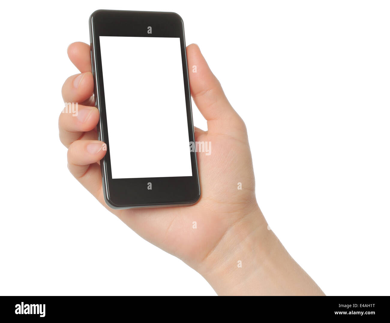 Hand mit Smartphone isoliert auf weißem Hintergrund Stockfoto