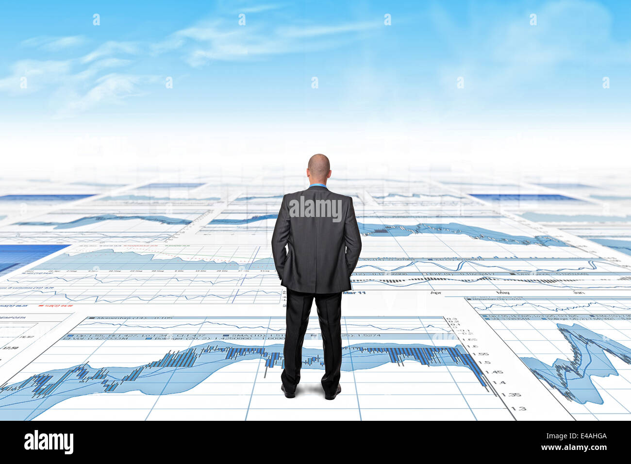stehende Geschäftsmann und abstrakte Wirtschaft 3D-Hintergrund Stockfoto