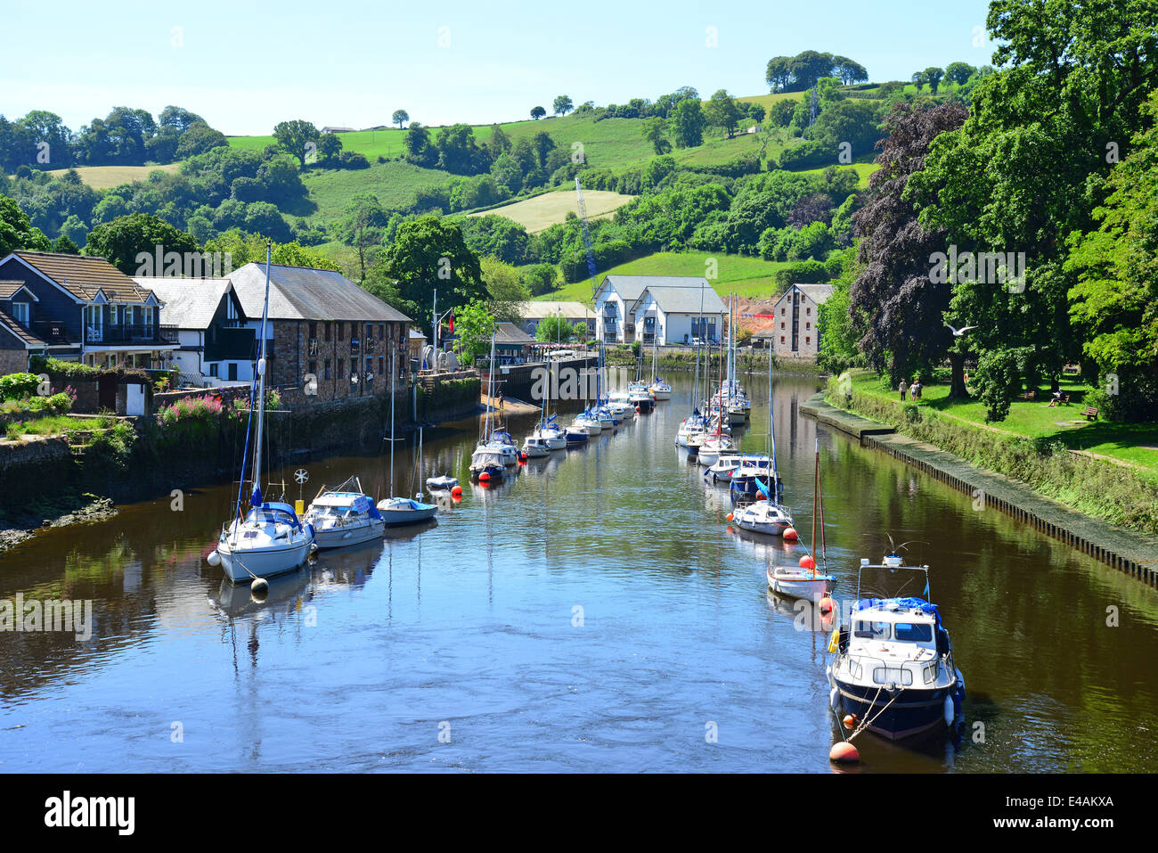 Boote vertäut im Fluss Dart Nebenfluss, Totnes, South Schinken District, Devon, England, Vereinigtes Königreich Stockfoto