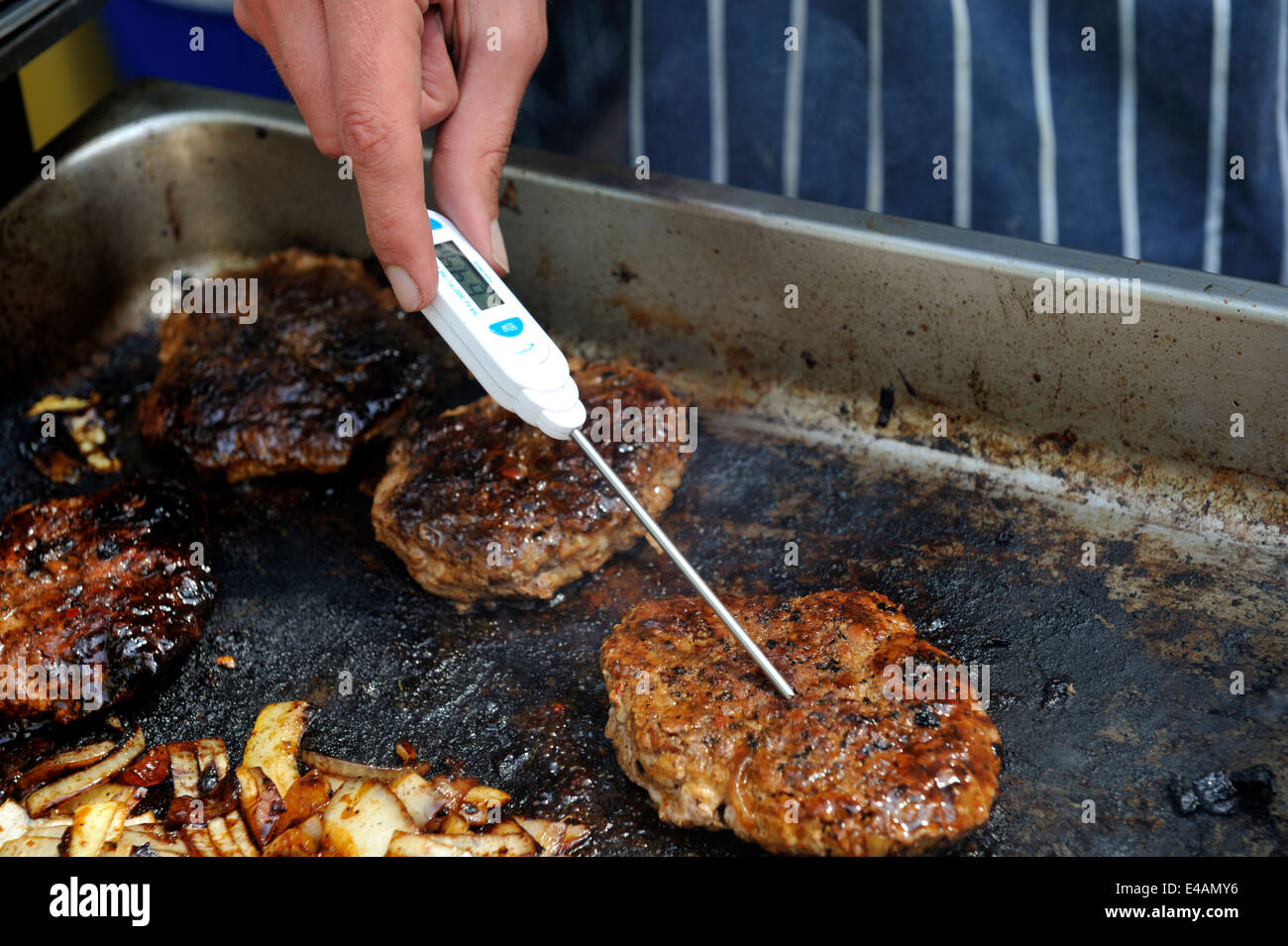Koch mit ein digitales Fleischthermometer, die kochende Temperatur der Nahrung zu überprüfen Stockfoto