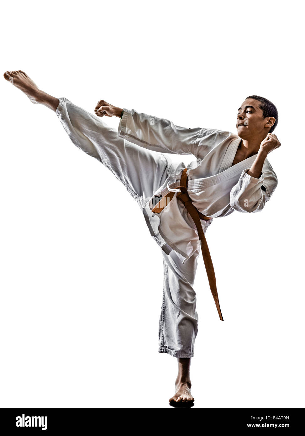ein Karate Kata Training Jugendliche Kind isoliert auf weißem Hintergrund Stockfoto