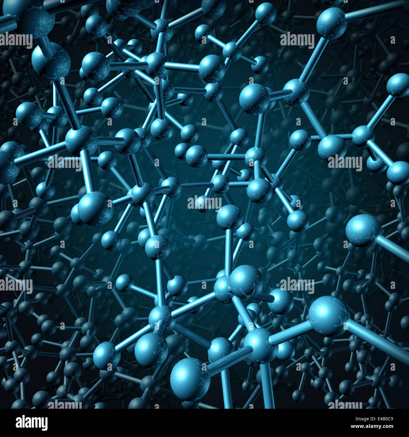 Molekül-Konzept als eine Gruppe von drei dimensionale Atome in einen blauen Hintergrund durch chemische Bindungen als eine molekulare miteinander verbunden Stockfoto