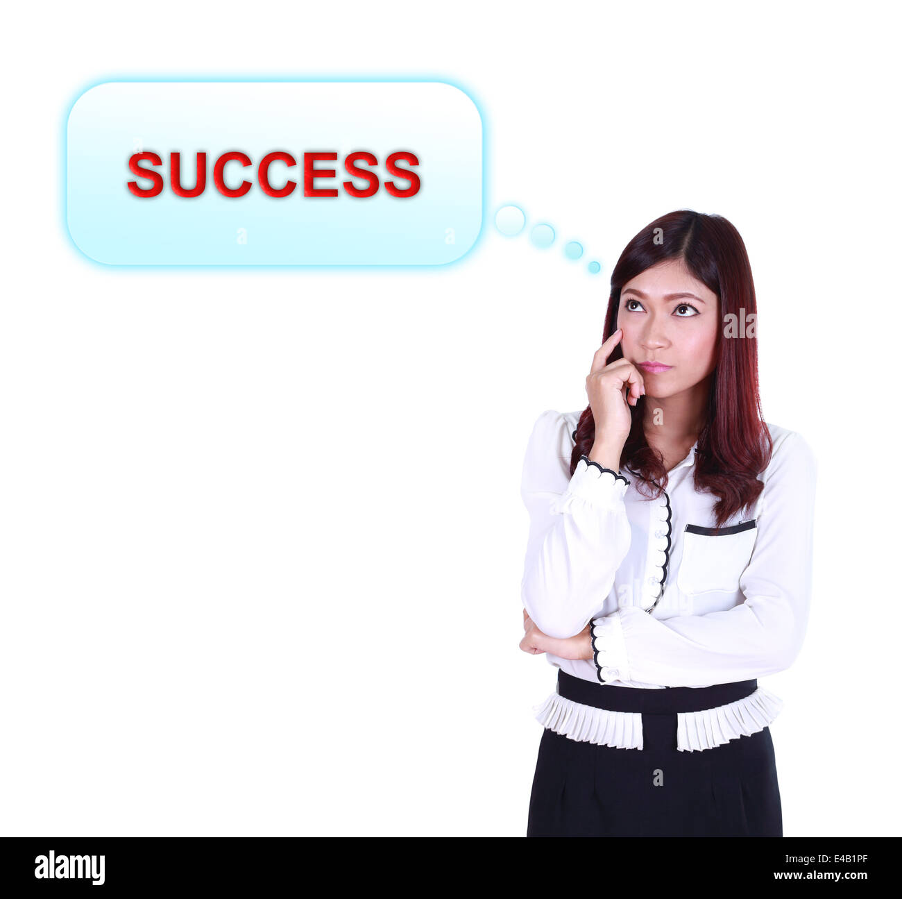 Geschäftsfrau denken Erfolg isoliert auf weißem Hintergrund Stockfoto