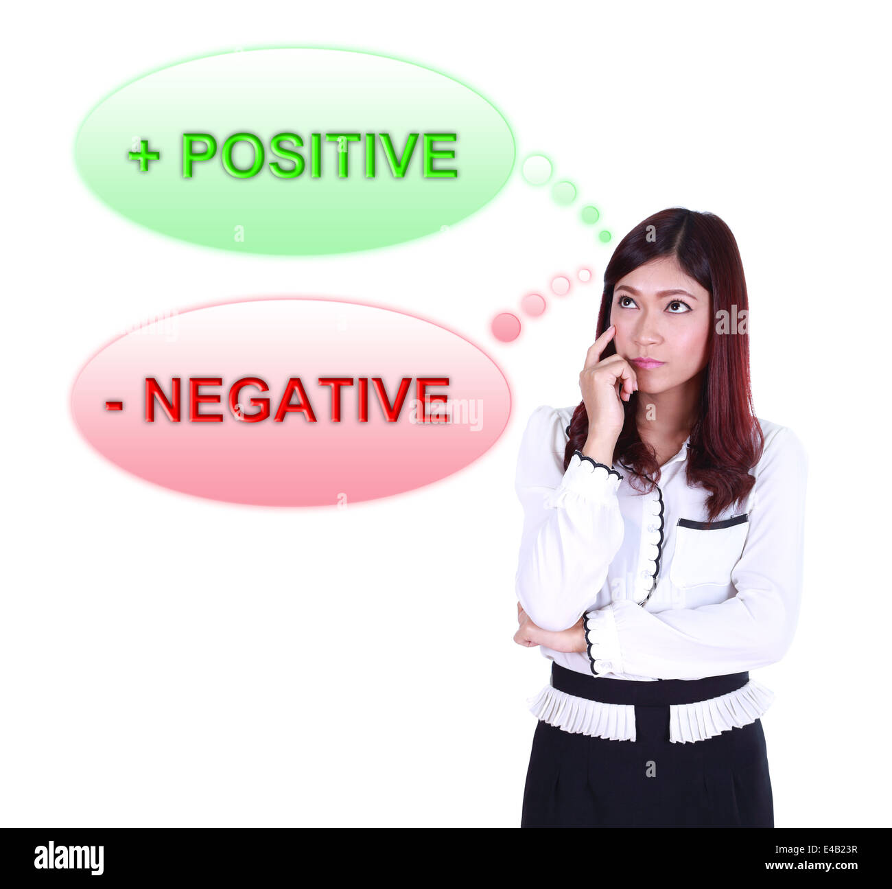 Business-Frau Nachdenken über positive und negative Denken isoliert auf weißem Hintergrund Stockfoto