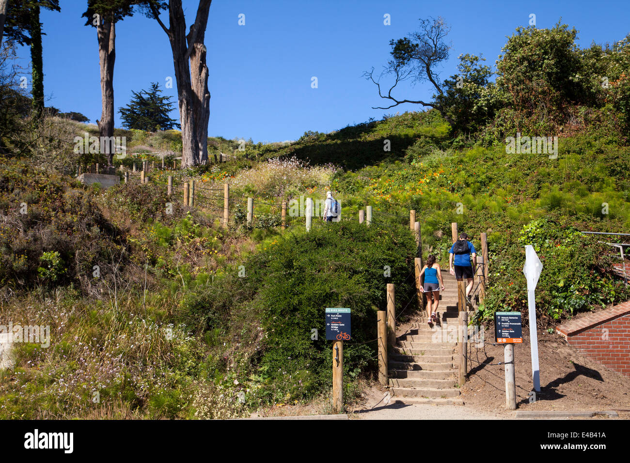 Jogger Joggen bis Ost-Batterie-Spur im Vorfeld der Golden Gate Bridge, San Francisco, Kalifornien, USA. Stockfoto
