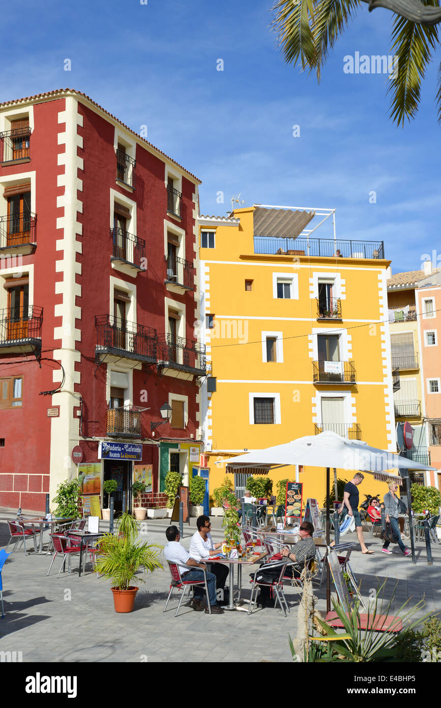 Restaurants am Meer, Costa Blanca, Provinz Alicante, Villajoyosa (La Vila Joiosa), Königreich Spanien Stockfoto