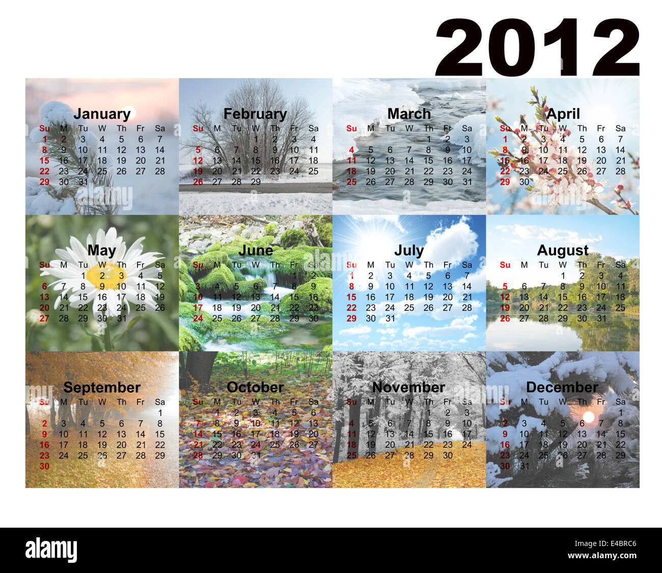 Kalender mit Fotos Jahreszeiten Stockfoto