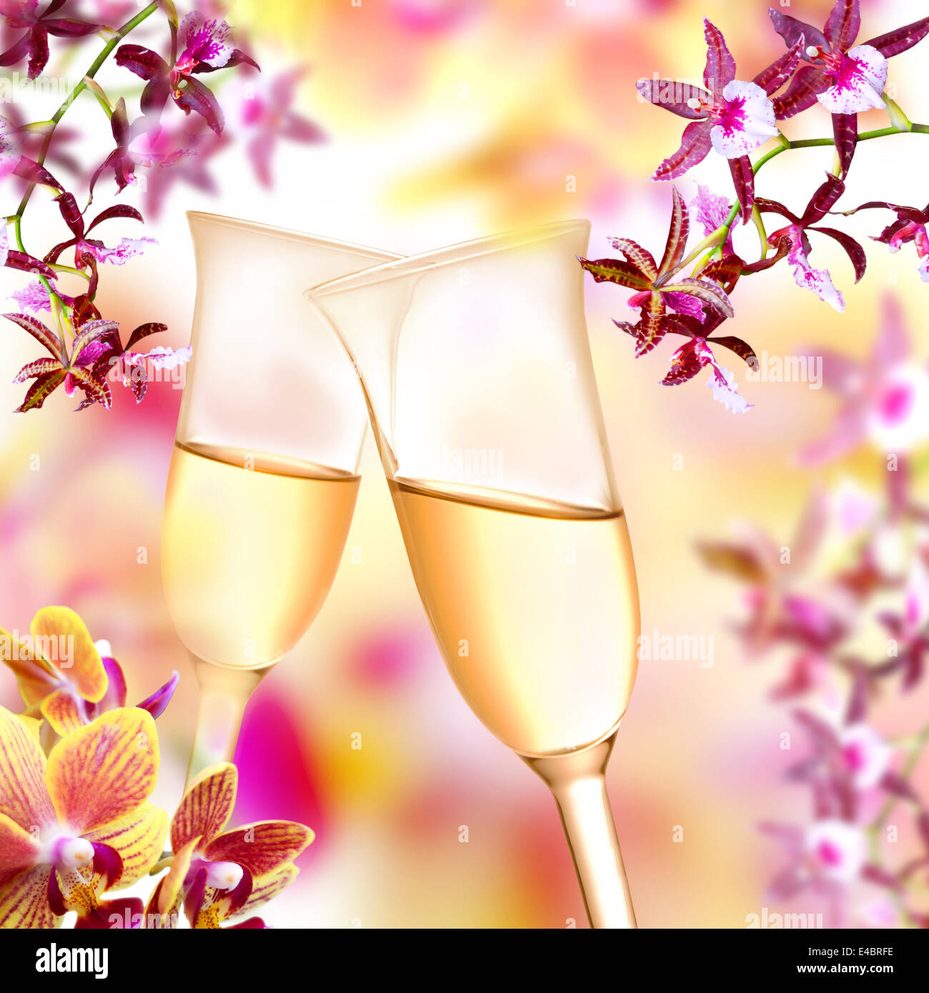 Orchidee und Champagner Flöten Stockfoto