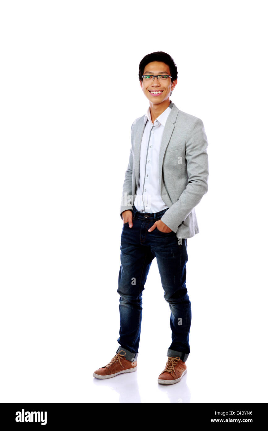 In voller Länge Portrait von asiatischer Mann glücklich Mode isoliert auf weißem Hintergrund Stockfoto