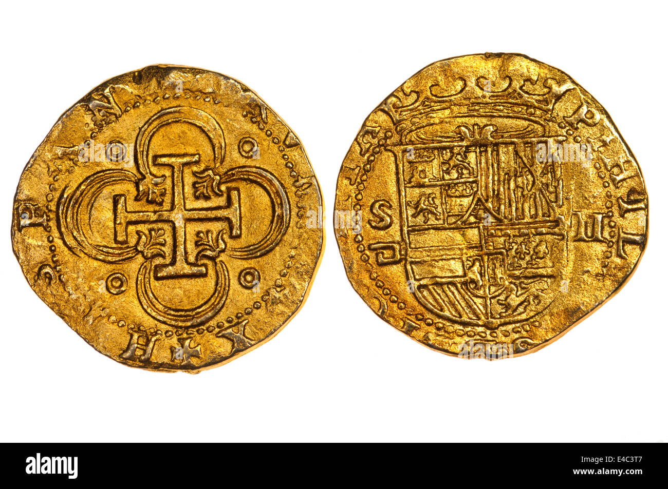 Spanische Goldmünze - 2 Escudos, Philipp II. (Minze Sevilla) Replica Stockfoto