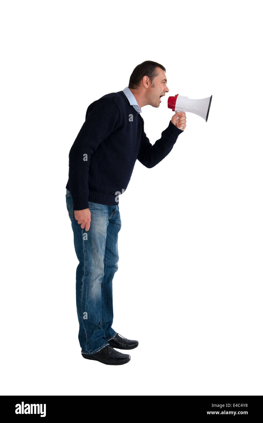 Mann mit Lautsprechergehäuse oder Megaphon isoliert auf weißem Hintergrund Stockfoto