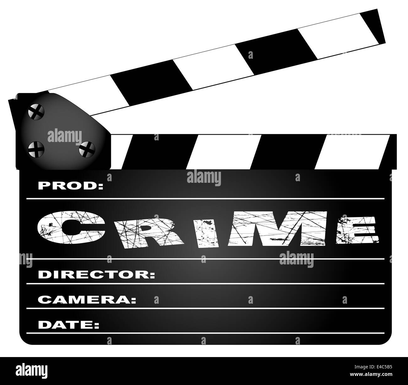 Eine typische Film-Klappe mit der Legende Kriminalität isoliert auf weiss. Stockfoto