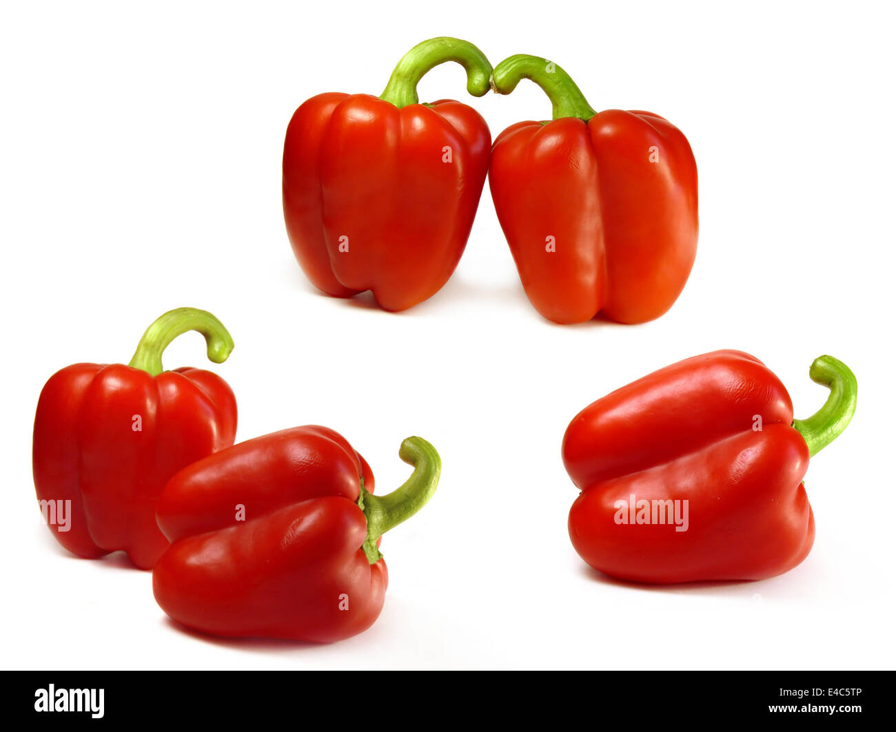 Rote Paprika isoliert auf einem weißen Hintergrund. Collage Stockfoto