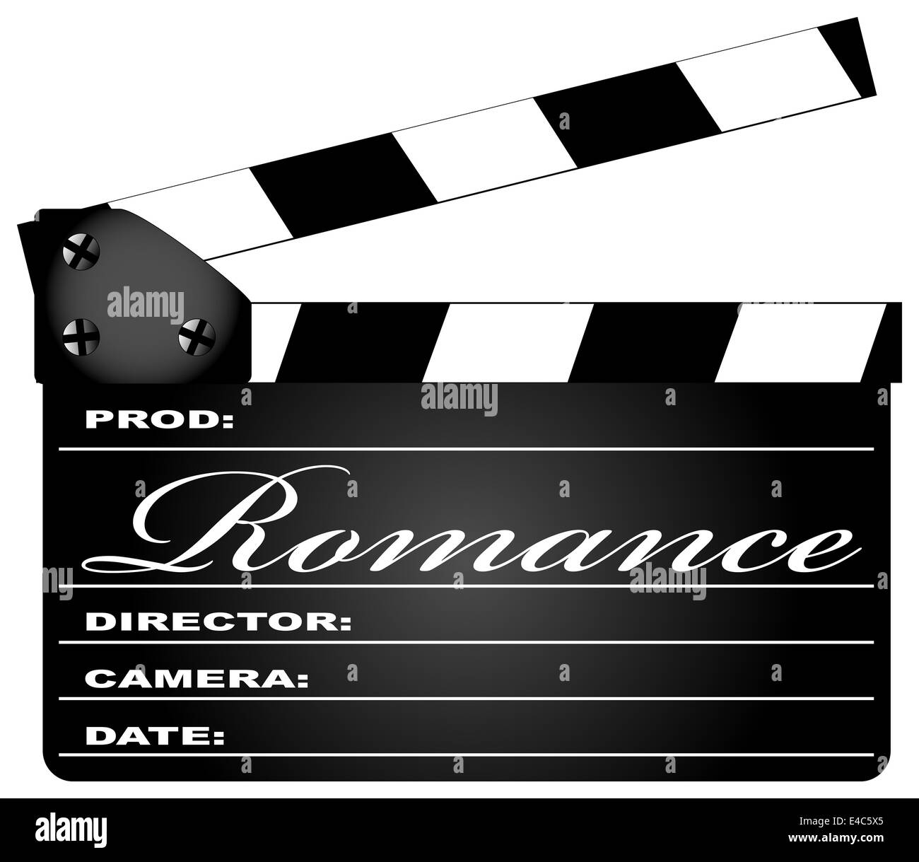 Eine typische Film-Klappe mit der Legende Romantik isoliert auf weiss. Stockfoto