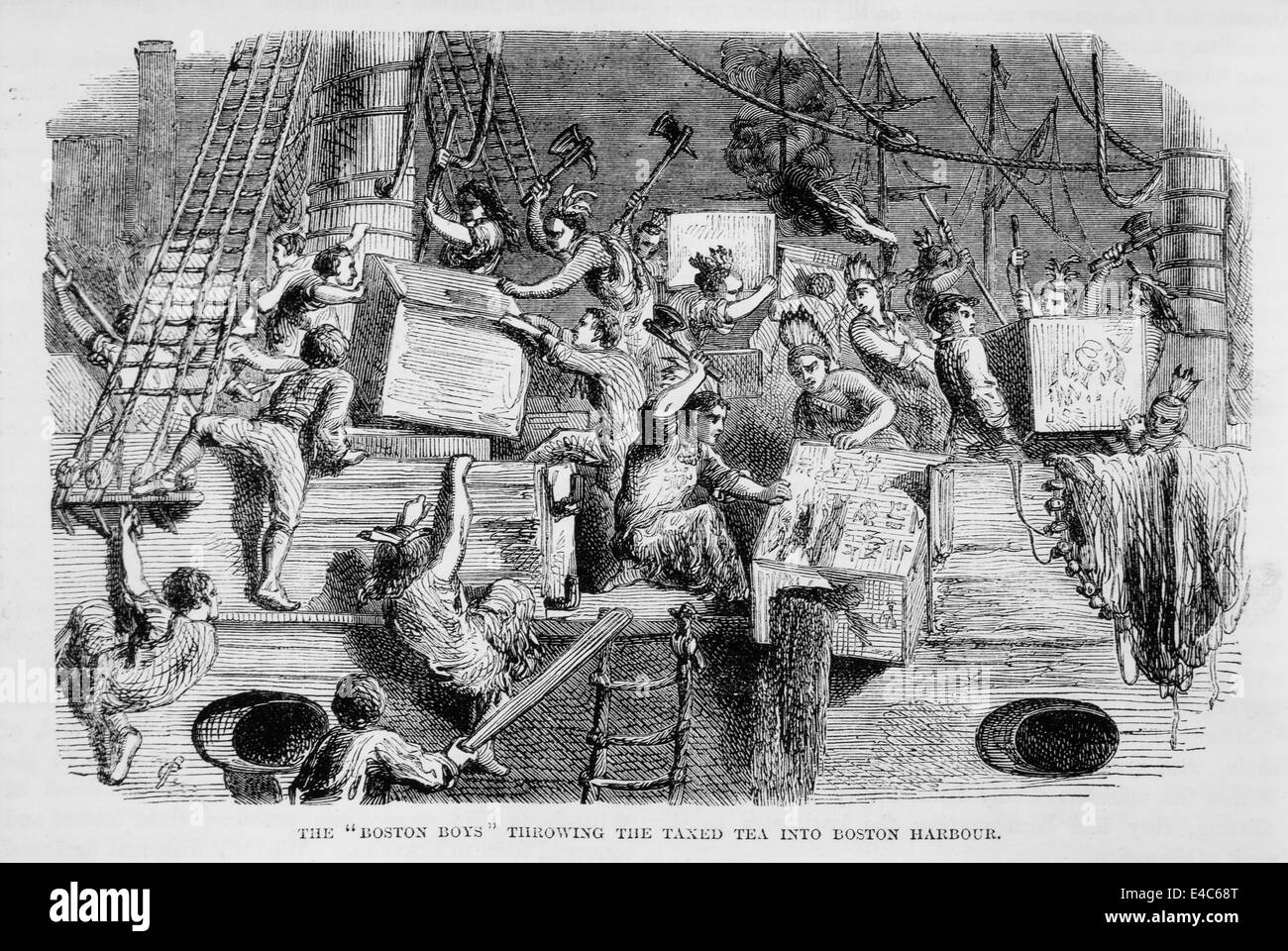 Die "Boston-Boys" werfen des besteuerten Tees in den Hafen von Boston, Boston Tea Party, Illustration Stockfoto