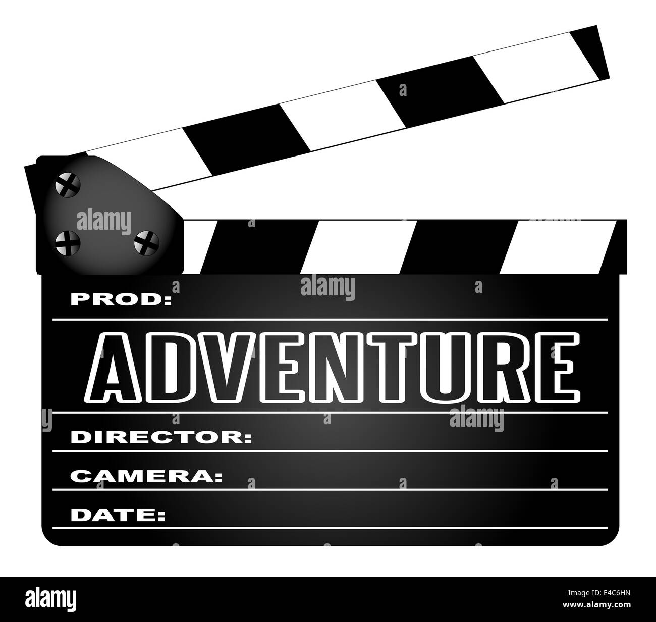 Eine typische Film-Klappe mit der Legende isoliert Abenteuer auf weiss. Stockfoto