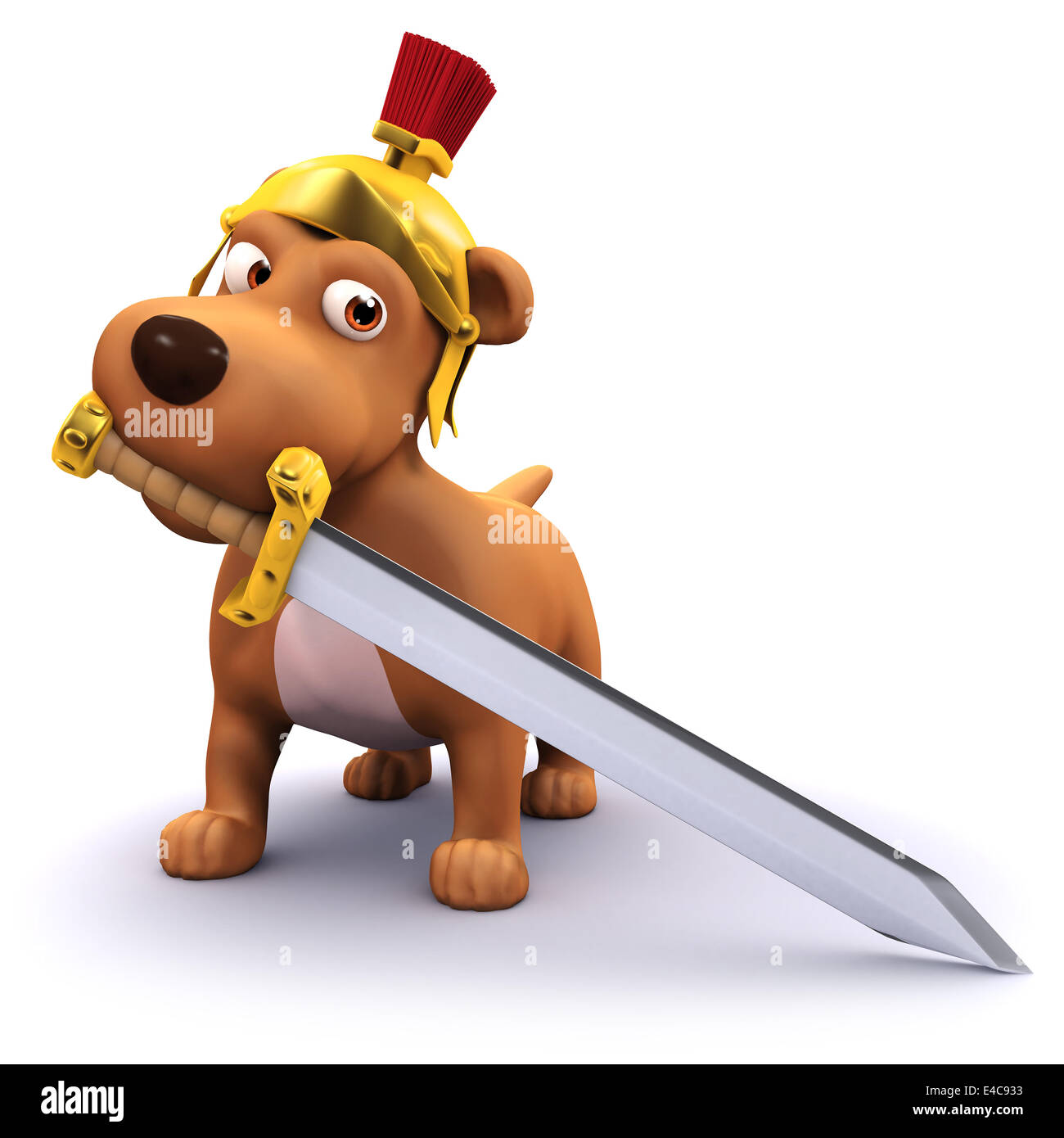 3D Rendering eines Hundes, gekleidet wie ein römischer Zenturio mit Schwert Stockfoto