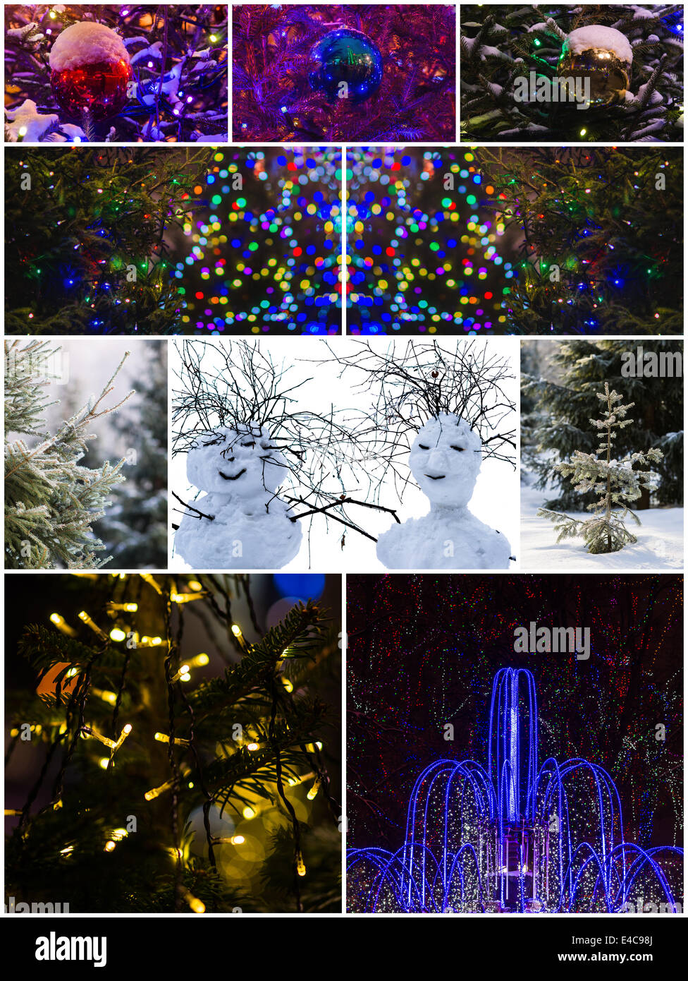 Collage aus einem Schneemänner, natürlichen Fichten, beleuchteten Brunnen, Deko-Kugeln mit Schnee bedeckt. Frohe Weihnachten! Stockfoto