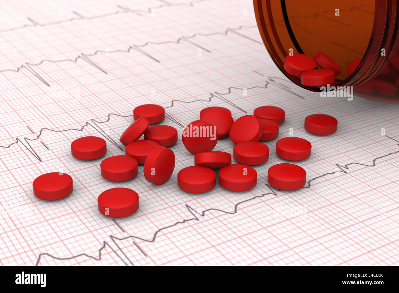 3D-Modell des roten Pillen verschüttet auf Elektrokardiogramm (EKG) Bericht Stockfoto