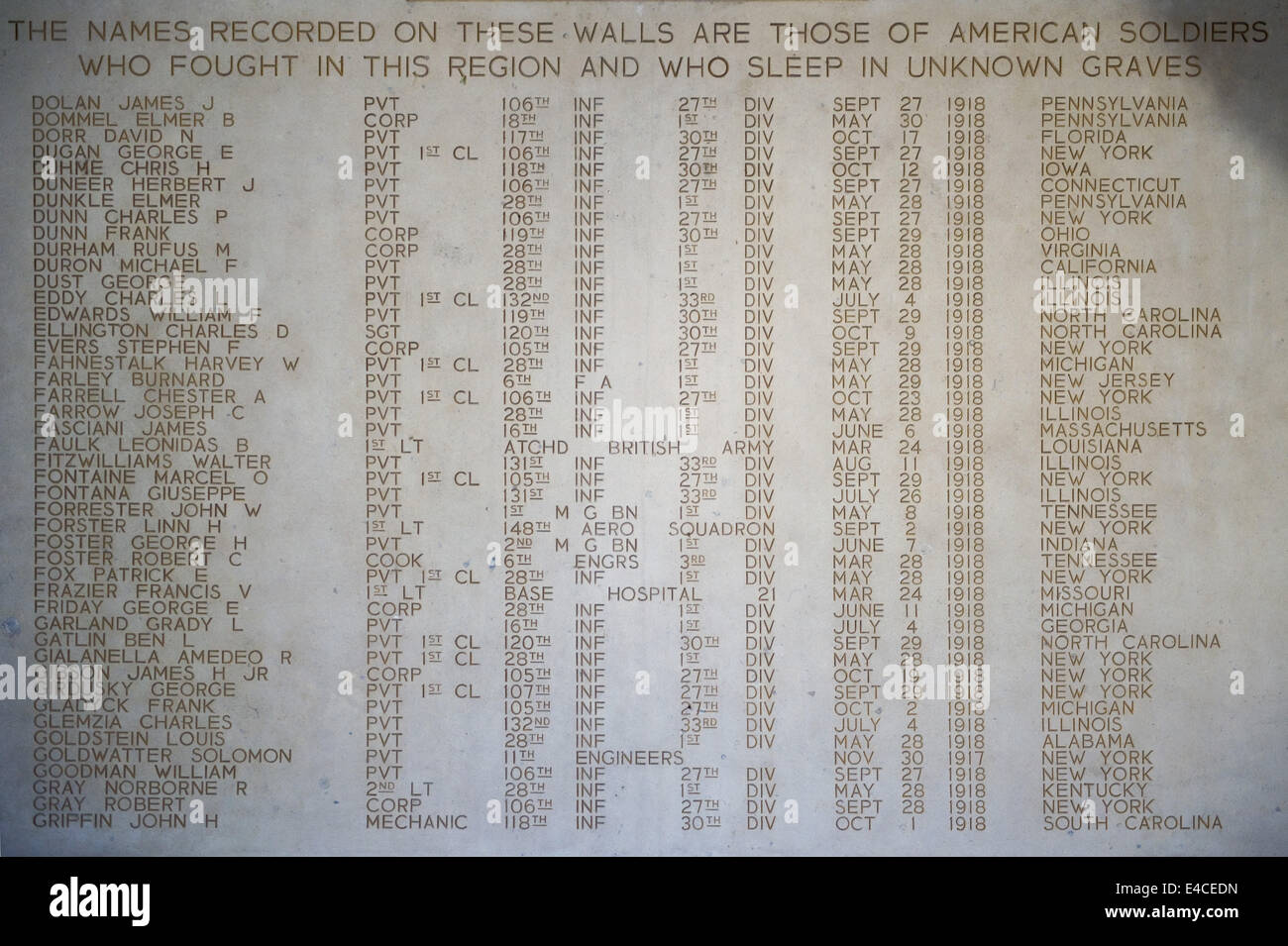 Die Namen von 333 der fehlenden eingraviert auf der Wand der Kapelle der Somme American Cemetery and Memorial Stockfoto
