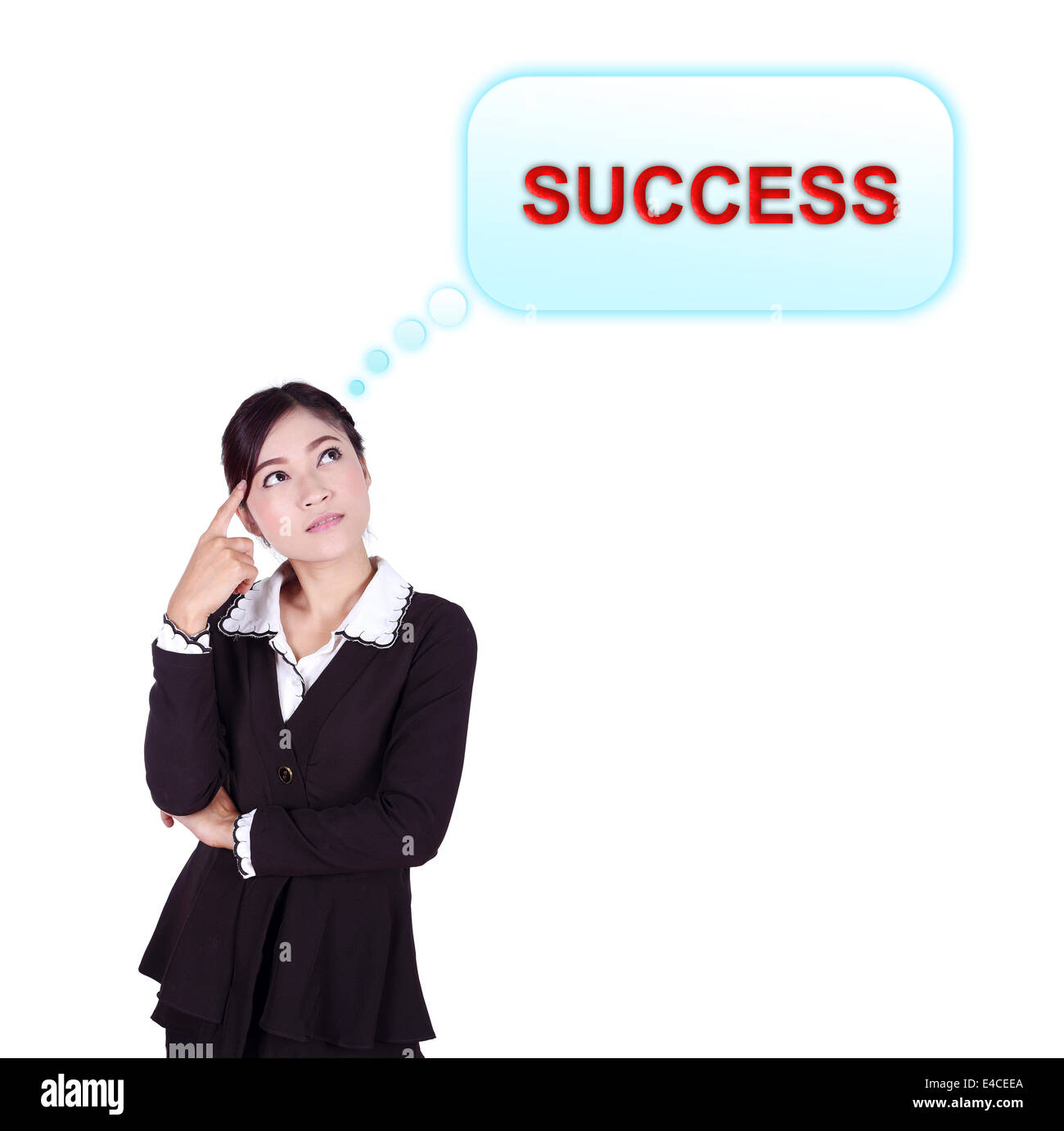 Geschäftsfrau denken Erfolg isoliert auf weißem Hintergrund Stockfoto