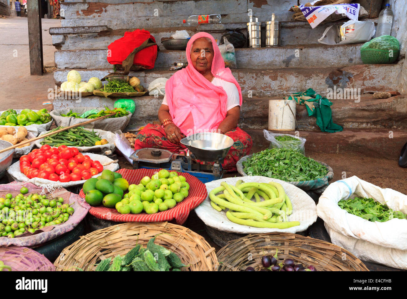 Obst-Markt Verkäufer, Jodhpur, Rajasthan, Indien Stockfoto