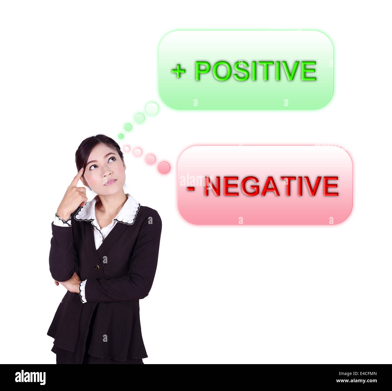 Business-Frau Nachdenken über positive und negative Denken isoliert auf weißem Hintergrund Stockfoto