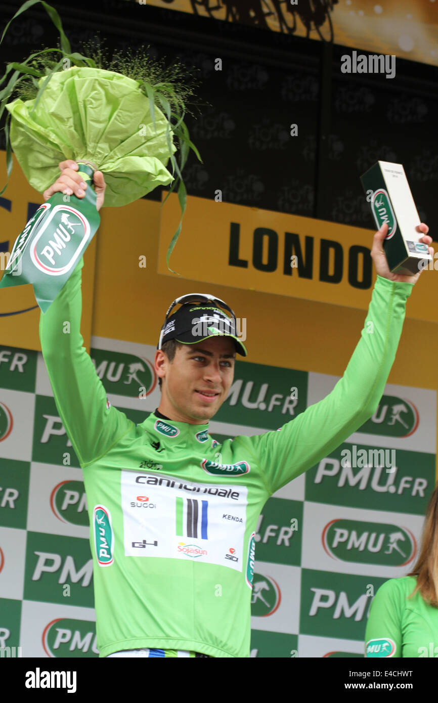 Peter Sagan Slowakei gewinnt das grüne Trikot in Phase drei Cambridge nach London in 2014 Tour De France Stockfoto