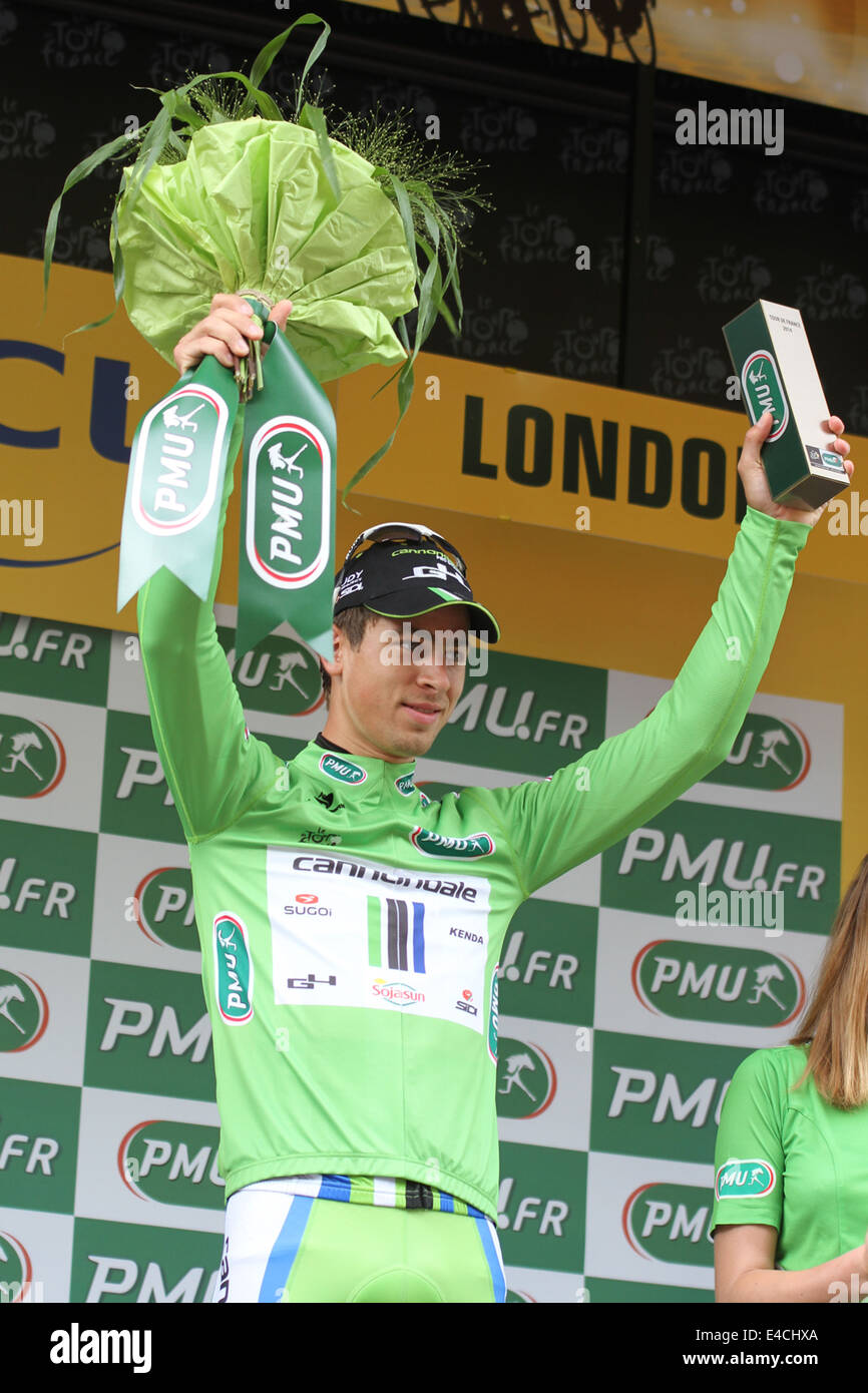 Peter Sagan Slowakei gewinnt das grüne Trikot in Phase drei Cambridge nach London in 2014 Tour De France Stockfoto