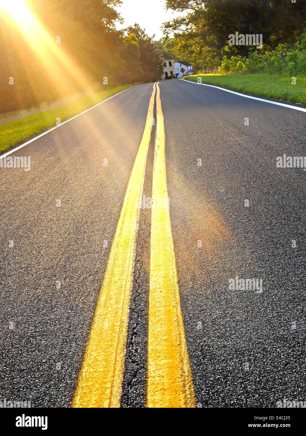 Brillante späten Tag Sonnenstrahlen Leuchten auf einem langen Weg durch die Landschaft an einem Sommernachmittag. Stockfoto