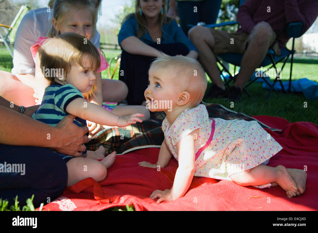 Baby und Baby Mädchen treffen zum ersten Mal bei einer Familienzusammenkunft Stockfoto