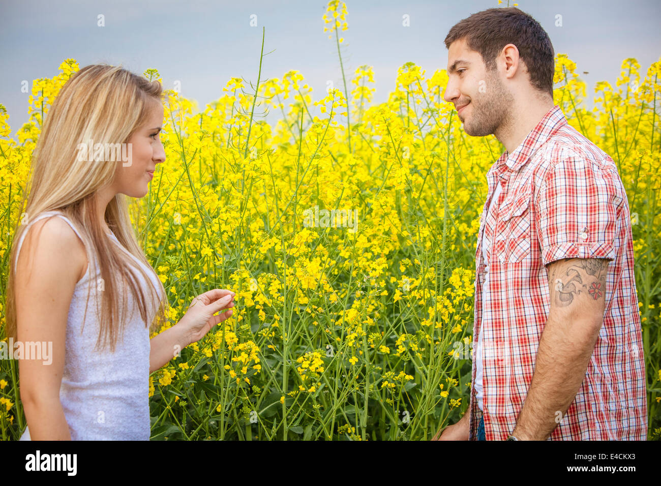 Junges Paar verlieben in Raps Feld, Toskana, Italien Stockfoto