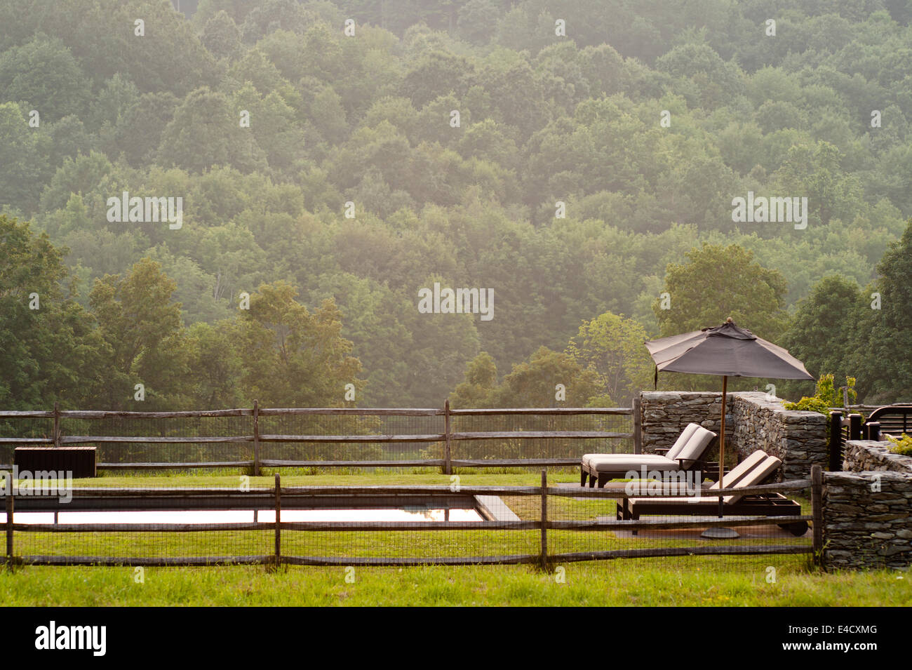 Eingezäunter Pool mit Sonnenliegen und Wald Ansichten Stockfoto