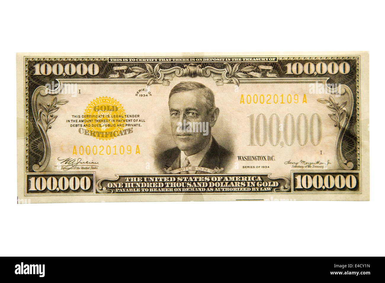 Avers Blick auf seltene $100.000 Rechnung Ausschnitt Stockfoto