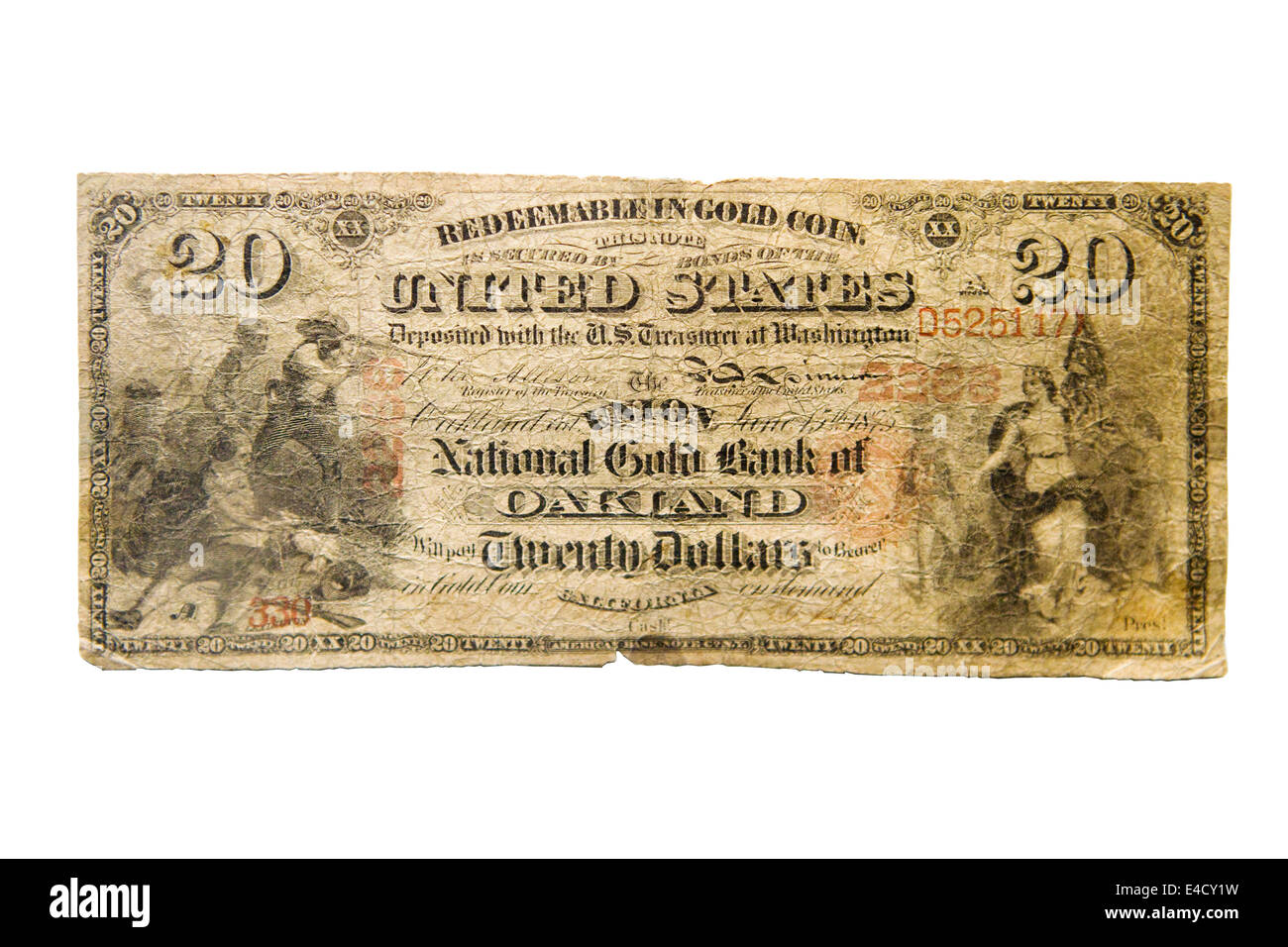 Avers Blick auf seltene 1875 20 Dollar Banknote von California Gold Nationalbank Ausschnitt Stockfoto