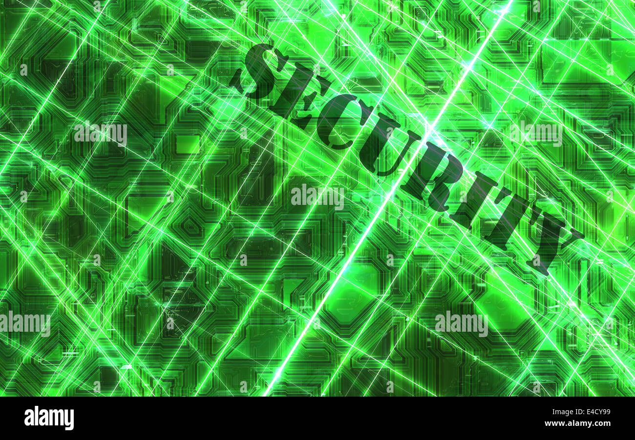 Grüne Laser mit einem Wort "Sicherheit" vor einer elektronischen Schaltung Stockfoto